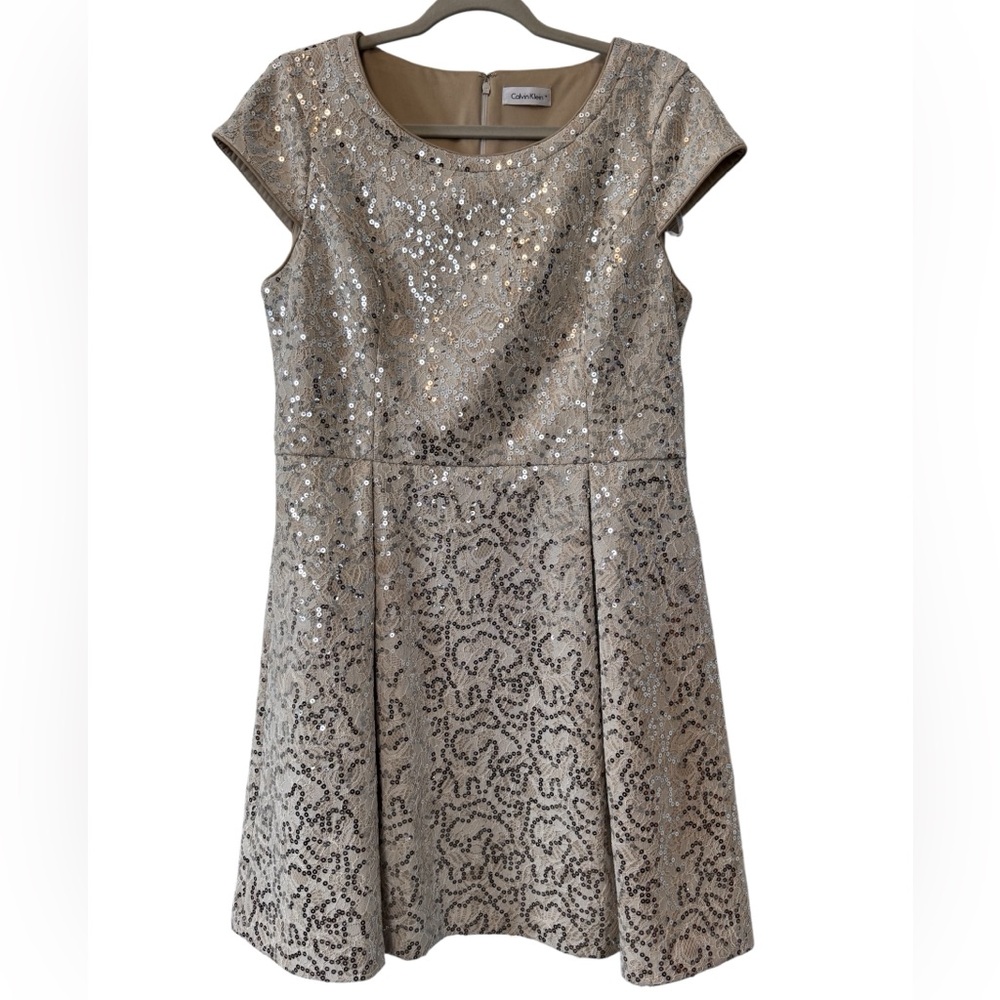 Calvin Klein Champagne Sequin CapSleeve FitFlare Dress Appropriate Sz 8